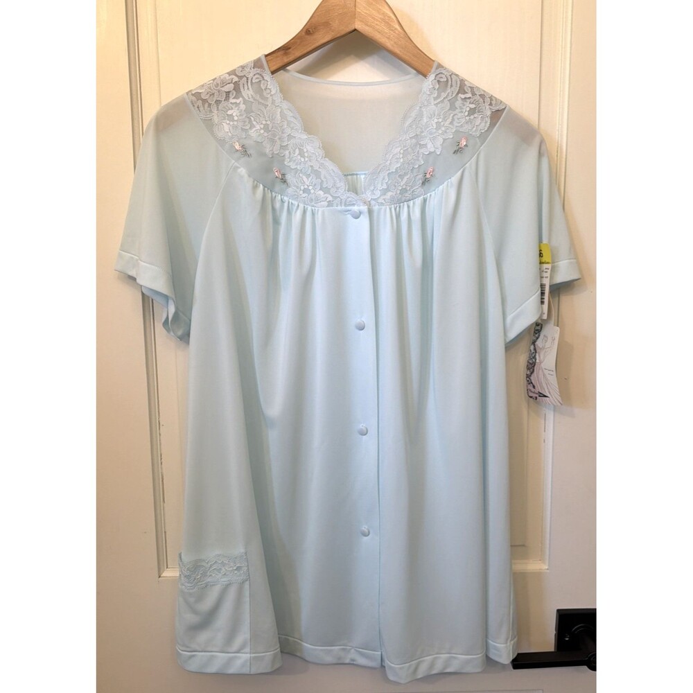 Vtg NWT Shadowline Sleep Shirt Rosettes Lace Neckline Buttons Blue 36 L Romantic